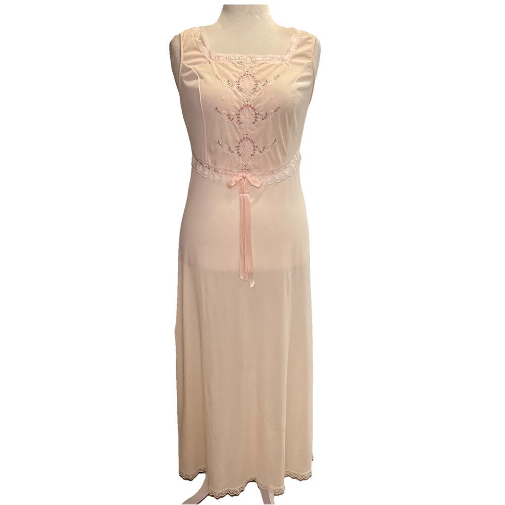 Gilead‎ Ivory Maxi Nightgown L Nylon Bow Vtg Floral Embroidery Lingerie Coquette